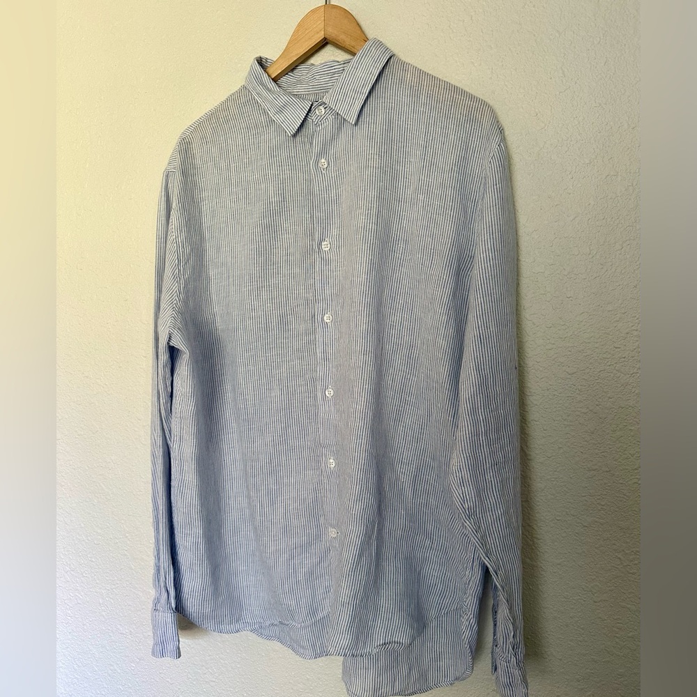 VINCE Men's Linen Micro-Stripe Sport Shirt - Large Blue White